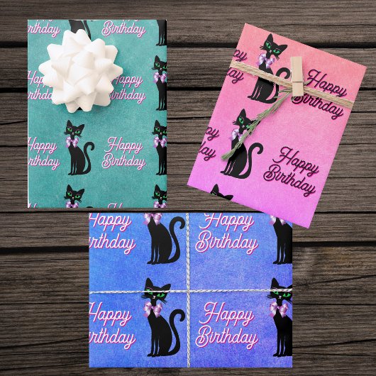 Cute Black Cat Green Eyes Bow Happy Birthday Geschenkpapier Set