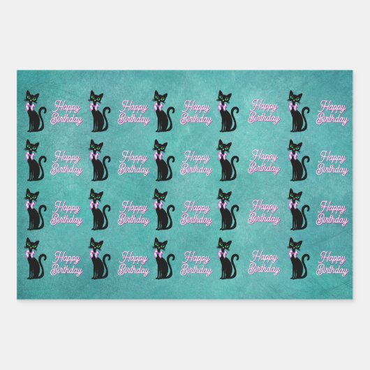Cute Black Cat Green Eyes Bow Happy Birthday Geschenkpapier Set (Vorderseite)