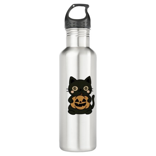Cute Black Cat Holding Jack O Lantern Pumpkin – Ka Edelstahlflasche (Vorderseite)