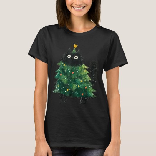 Cute Black Cat In Christmas Tree Cat Lover Holiday T-Shirt (Vorderseite)