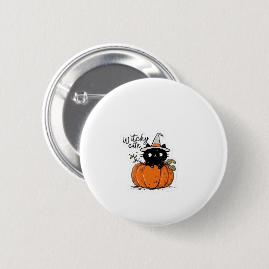 Cute black cat in pumpkin with witch hat Classic T Button (Vorne & Hinten)
