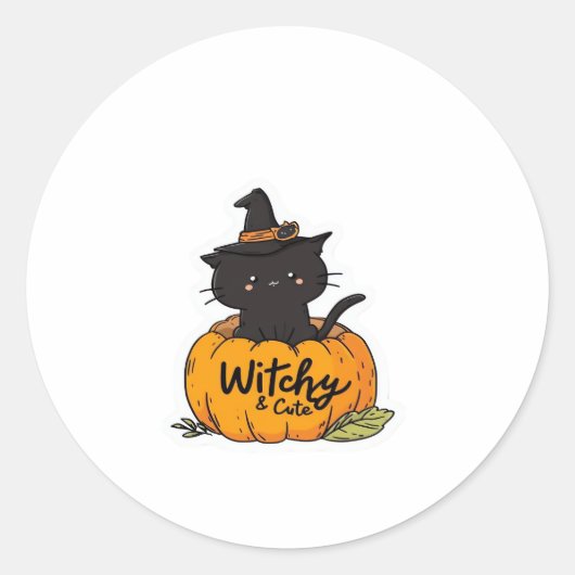 Cute black cat in pumpkin with witch hat, kawaii s runder aufkleber (Vorderseite)