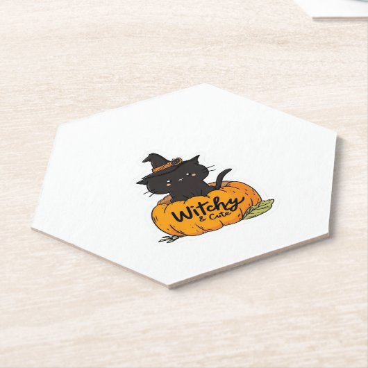 Cute black cat in pumpkin with witch hat, kawaii s untersetzer (angewinkelt)