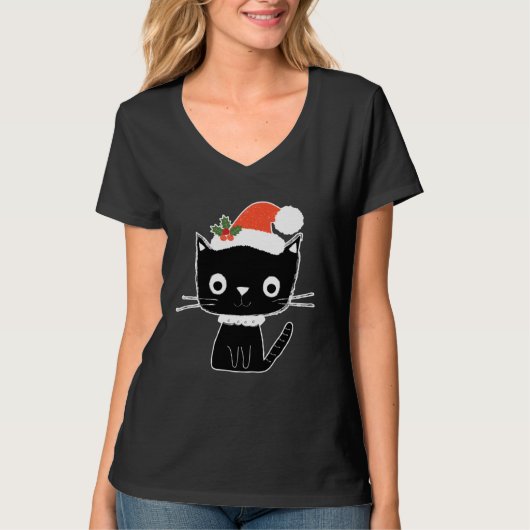 Cute Black Cat in Santa Claus Hat T-Shirt (Vorderseite)