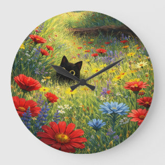 Cute Black Cat in Wildflower Meadow Wall Clock Große Wanduhr