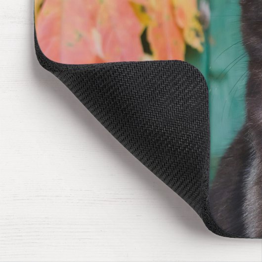 Cute Black Cat Kitten with Red Leaves Blue Door — Mousepad (Ecke)