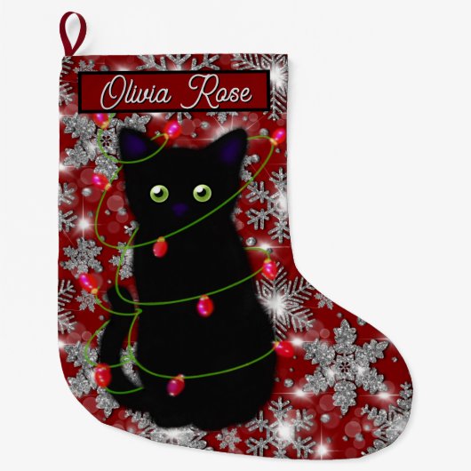 Cute black cat Meowy Christmas sparkling snowflake Großer Weihnachtsstrumpf (Vorderseite)