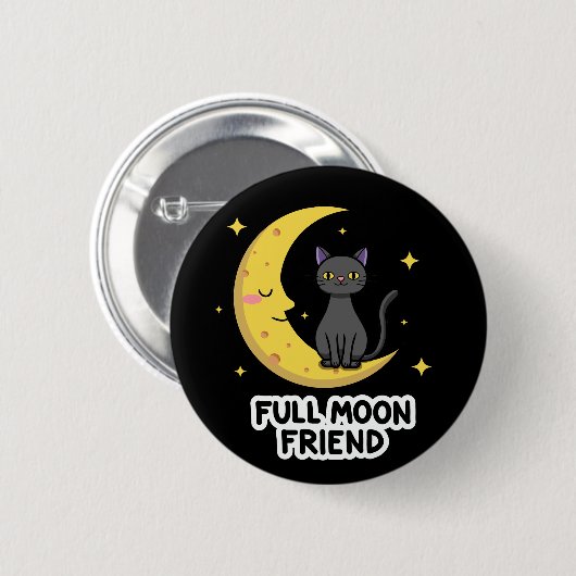 Cute Black Cat on Moon - Full Moon Friend Button (Vorne & Hinten)