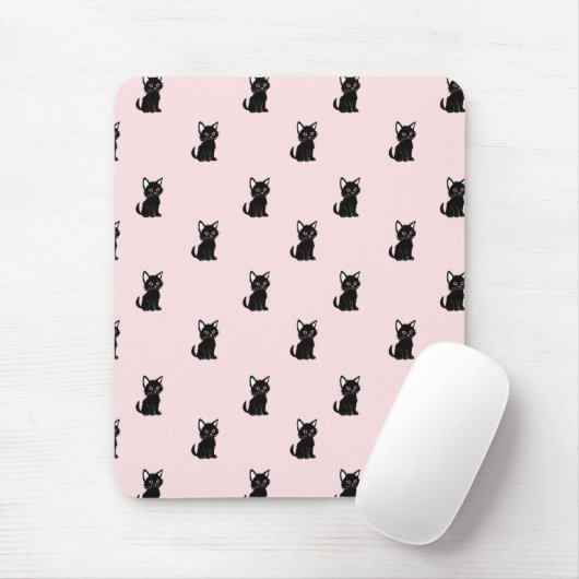 Cute Black Cat Pattern on Pastel Pink Mousepad (Mit Mouse)