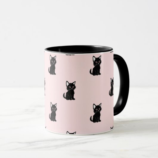 Cute Black Cat Pattern on Pastel Pink Tasse (VorderseiteRechts)