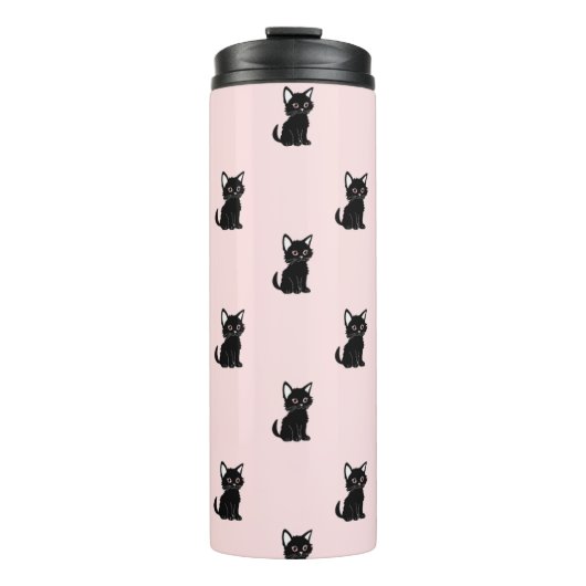 Cute Black Cat Pattern on Pastel Pink Thermosbecher (Vorderseite)