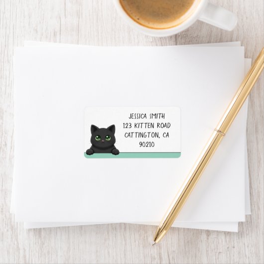 Cute Black Cat Peeking Mint Personalized Adressaufkleber (Insitu)