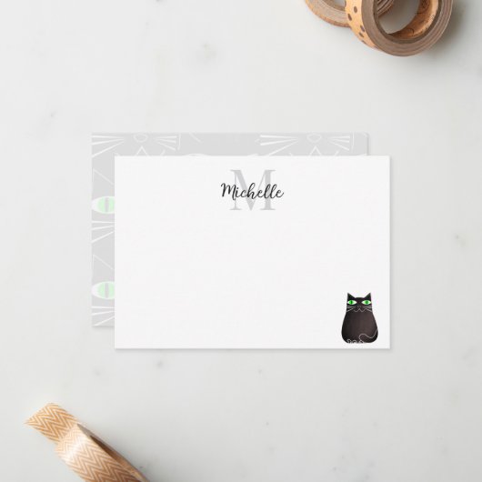 Cute Black Cat Personalized Monogram Mitteilungskarte (Vorderseite/Rückseite Beispiel)