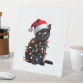 Cute Black Cat Santa Christmas Lights Meow Kitty K Sockelschild (In Situ)