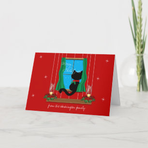 Cute Black Cat Snowy Window Merry Christmas Card Feiertagskarte