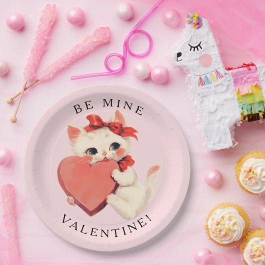 Cute Black Cat Vintage Be Mine Valentine Pappteller (Party)