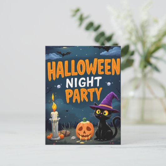 Cute Black Cat Witch Halloween Night Party Postkarte (Stehend Vorderseite)