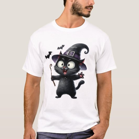 Cute Black Cat Witch with Magic Wand ✨🐾🧙 T-Shirt (Vorderseite)