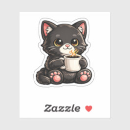 Cute Black Cat with Coffee Aufkleber