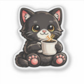 Cute Black Cat with Coffee Aufkleber (Vorderseite)