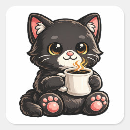Cute Black Cat with Coffee Quadratischer Aufkleber