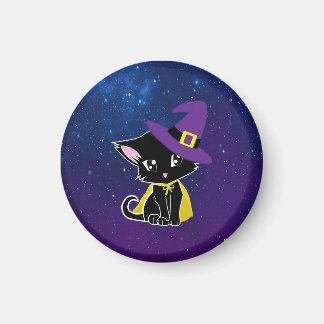 Cute Black Cat Wizard Under the Stars Keychain Magnet