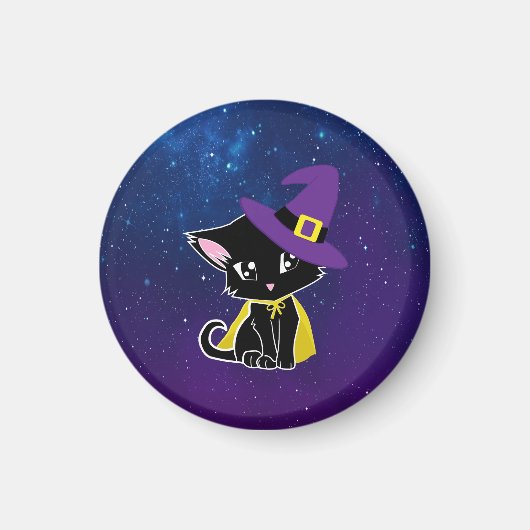 Cute Black Cat Wizard Under the Stars Keychain Magnet (Vorne)