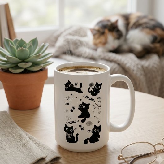 Cute Black Cats Doodles Pattern Kawaii Meow Kaffeetasse