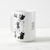Cute Black Cats Doodles Pattern Kawaii Meow Kaffeetasse (Vorderseite Links)