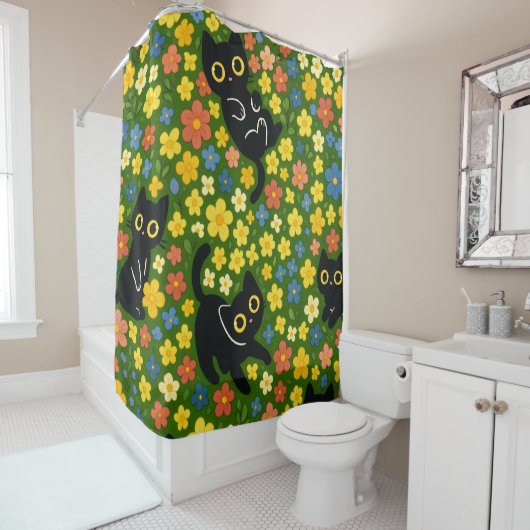 Cute Black Cats Floral Meadow Pattern Duschvorhang (Beispiel)