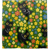 Cute Black Cats Floral Meadow Pattern Duschvorhang (Vorderseite)