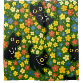 Cute Black Cats Floral Meadow Pattern Duschvorhang
