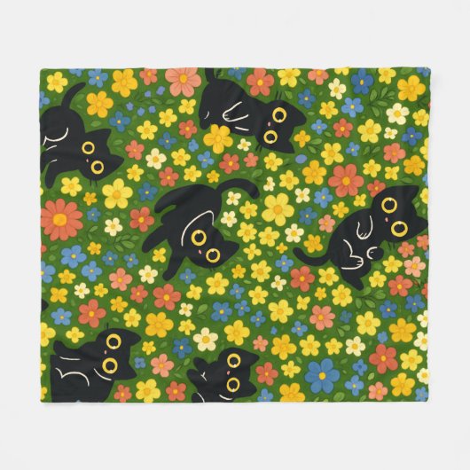 Cute Black Cats Floral Meadow Pattern Fleecedecke (Vorderseite (Horizontal))