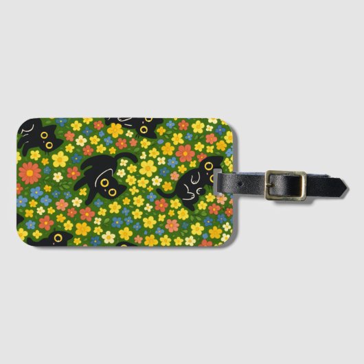 Cute Black Cats Floral Meadow Pattern Gepäckanhänger (Vorderseite (Horizontal))