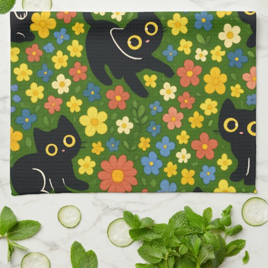 Cute Black Cats Floral Meadow Pattern Geschirrtuch (Gefaltet)