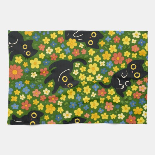 Cute Black Cats Floral Meadow Pattern Geschirrtuch (Horizontal)