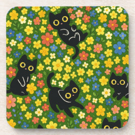 Cute Black Cats Floral Meadow Pattern Getränkeuntersetzer