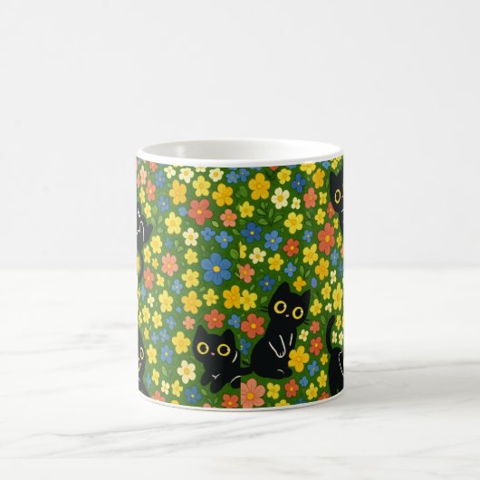 Cute Black Cats Floral Meadow Pattern Kaffeetasse (Mittel)