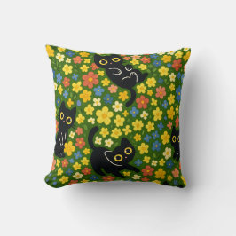 Cute Black Cats Floral Meadow Pattern Kissen