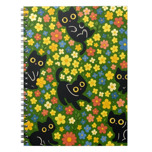 Cute Black Cats Floral Meadow Pattern Notizblock (Vorderseite)