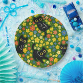 Cute Black Cats Floral Meadow Pattern Pappteller (Party)