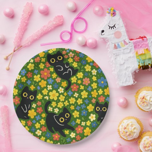 Cute Black Cats Floral Meadow Pattern Pappteller (Party)