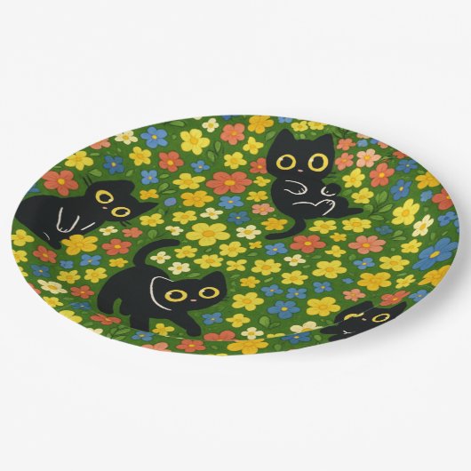 Cute Black Cats Floral Meadow Pattern Pappteller (Schrägansicht)