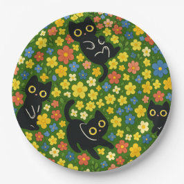 Cute Black Cats Floral Meadow Pattern Pappteller