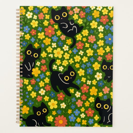 Cute Black Cats Floral Meadow Pattern Planer (Vorderseite)