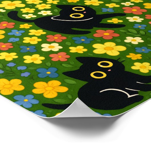 Cute Black Cats Floral Meadow Pattern Poster (Ecke)