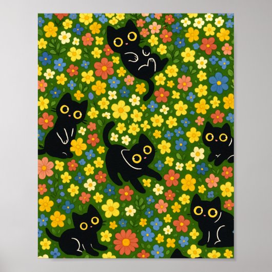 Cute Black Cats Floral Meadow Pattern Poster (Vorne)