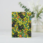Cute Black Cats Floral Meadow Pattern Postkarte (Stehend Vorderseite)
