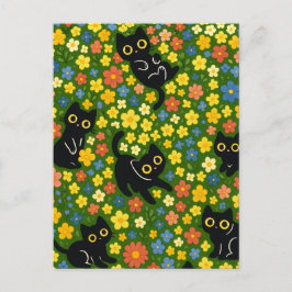 Cute Black Cats Floral Meadow Pattern Postkarte