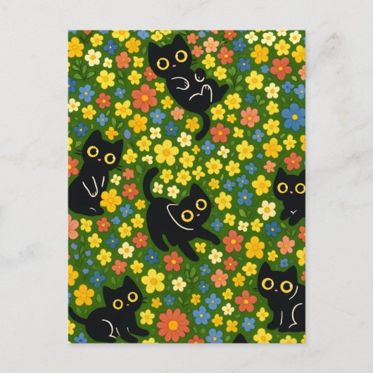 Cute Black Cats Floral Meadow Pattern Postkarte (Vorderseite)